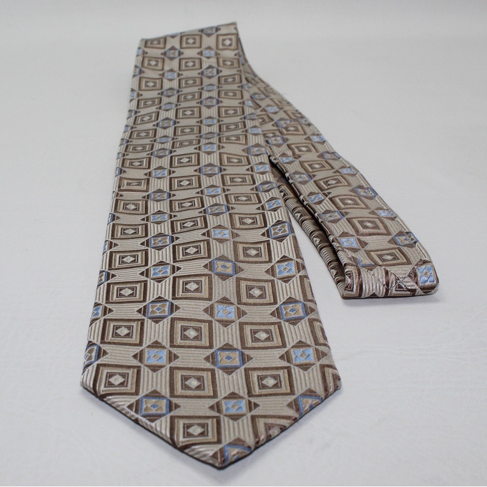 Pronto Uomo Couture Mens Silk Tie Tan Brown Blue Geometric Square Pattern 3.5"